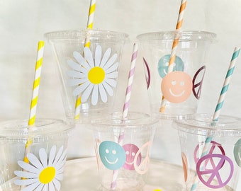 Daisy plastic disposable drink cups favor cup daisy baby shower daisy birthday straw included 12 oz. 70’s retro hippie groovy one birthday