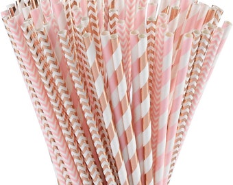 rose gold blush pink paper straws birthday party straws baby shower straws engagement party straws stripe chevron eco friendly