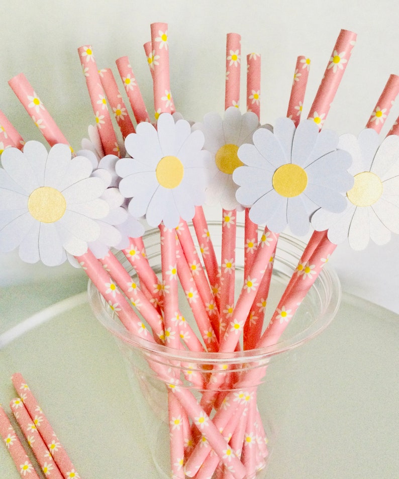 May include: Pink and white striped paper straws with white daisy flower cutouts. The straws are in a clear plastic cup.