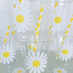 Daisy plastic disposable drink cups daisy wildflower baby shower daisy birthday wedding straw included 12 or 16 oz retro hippie birthday