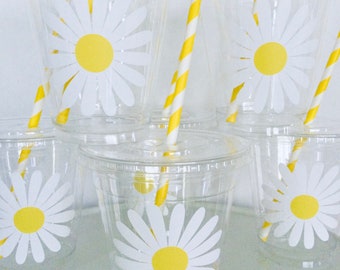 Daisy plastic disposable drink cups favor cup daisy baby shower daisy birthday wedding  straw included 12 or 16 ounce retro hippie birthday