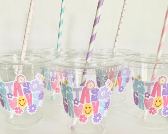 stay groovy plastic disposable drink cups favor cup birthday 12 oz. 70’s retro hippie groovy one birthday two groovy