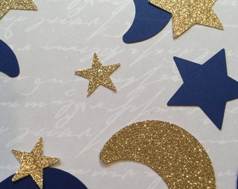 Twinkle twinkle baby shower confetti navy blue moon stars gold glitter moon stars table confetti diy cupcake toppers navy gold baby shower