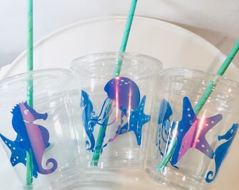 oneder the sea Under the sea creature plastic party cup 10 disposable with lid  paper straw holographic decals starfish jellyfish seahorse