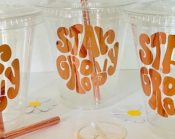 stay groovy plastic disposable drink cups favor cup birthday 12oz. 70’s retro hippie groovy one birthday two groovy