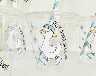 Silly goose party cups plastic disposable drink cups 12 oz. Blue baseball cap goose duck birthday one silly goose