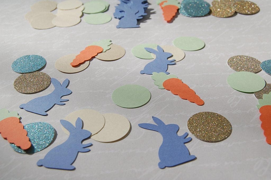 Peter rabbit party theme glitter and matte paper confetti table decor baby shower birthday rabbit carrot confetti easter