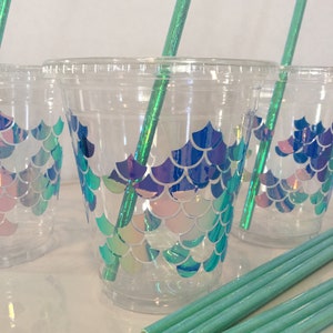 Mermaid scales party drink cup 12 ounce cold drink ware favor cup paper straw slotted lid mermaid birthday baby shower bachelorette wedding