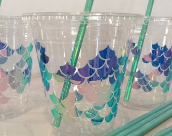 Mermaid scales party drink cup 12 ounce cold drink ware favor cup paper straw slotted lid mermaid birthday baby shower bachelorette wedding