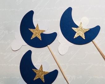 Gold or silver glitter star moon cloud cupcake toppers twinkle twinkle little star baby shower birthday party decor