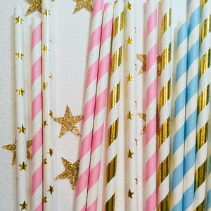 twinkle twinkle little star baby shower First birthday party straws drink paper straws pink blue gold silver foil gender reveal star straws