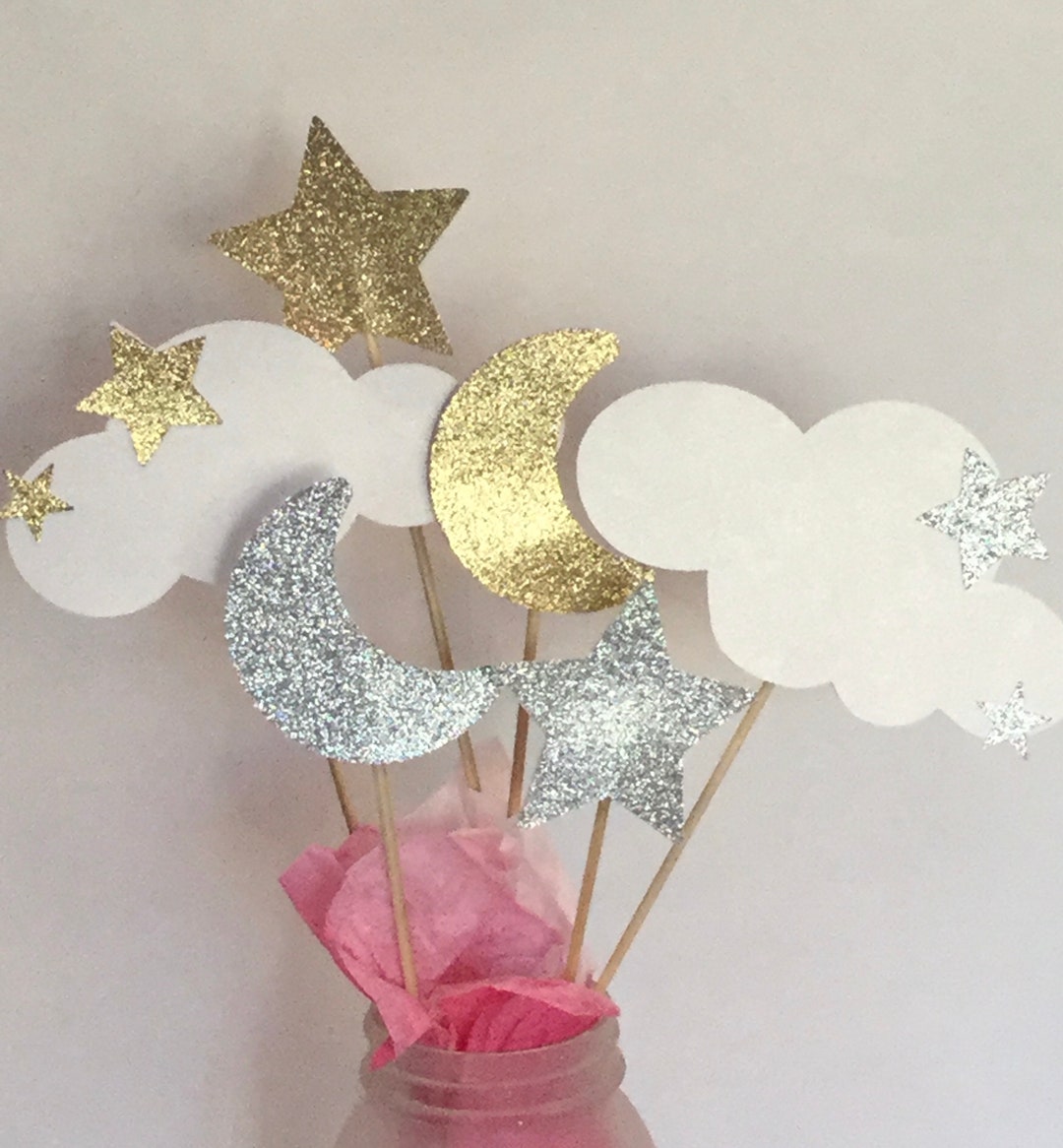 Twinkle twinkle elige centro de mesa de estrella, luna y nube con purpurina  dorada y plateada, para baby shower, con purpurina dorada y plateada, con  ..., image size:1080x1166