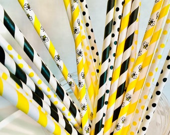 24 bee yellow white stripe paper straws what will baby bee mommy to bee happy bee day birthday baby shower gender reveal what will it bee