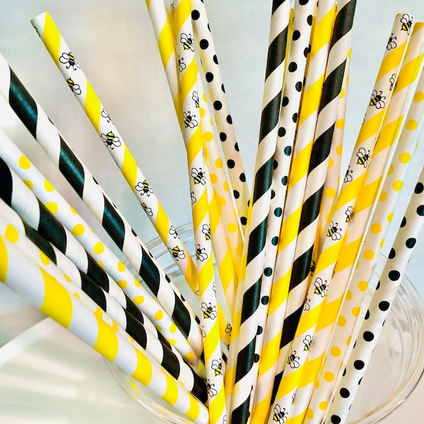 24 bee yellow white stripe paper straws what will baby bee mommy to bee happy bee day birthday baby shower gender reveal what will it bee