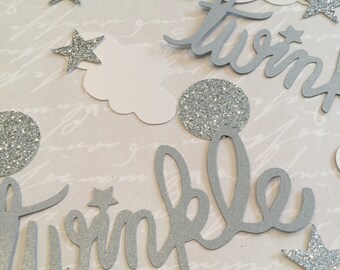 twinkle twinkle little star theme baby boy baby girl shower 100 piece confetti silver glitter stars clouds shimmer white birthday decor