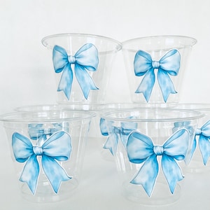 Blue pastel ribbon bow plastic cups 9 oz  blue baby bridal shower Alice decor