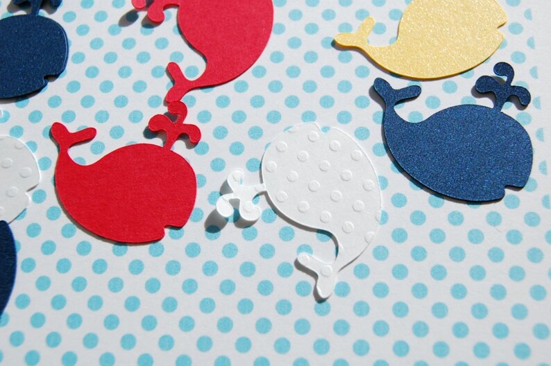 whale table confetti baby shower decor die cut whales red yellow navy white 200 pieces