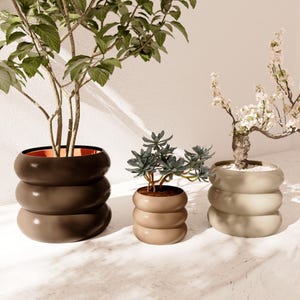 May include: Three different sized, round, brown, beige, and gray ceramic planters with three different plants. The largest planter is brown and has a copper colored interior. The medium planter is beige and the smallest planter is gray. The plants are a leafy green plant, a succulent, and a small flowering tree.