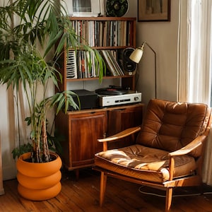 May include: A tall green palm plant in a bright orange, three-tiered, rounded planter sits next to a brown leather armchair with wooden armrests. Behind the chair is a wooden shelving unit holding vinyl records, a turntable, and a lamp.