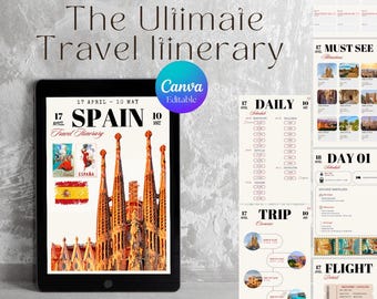 Planificateur de modèle d'itinéraire de voyage modifiable Planificateur mobile Calendrier de vacances numérique Organisateur de voyages de vacances Guide touristique de voyage imprimable