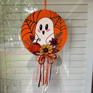Handpainted Halloween Ghost Wooden Door Hanger - 12&quot; Dia.