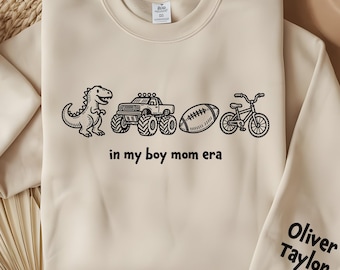 Custom In My Boy Mom Era Sweatshirt, Boy Mama Sweatshirt: Personalized Kid Names Sleeve
