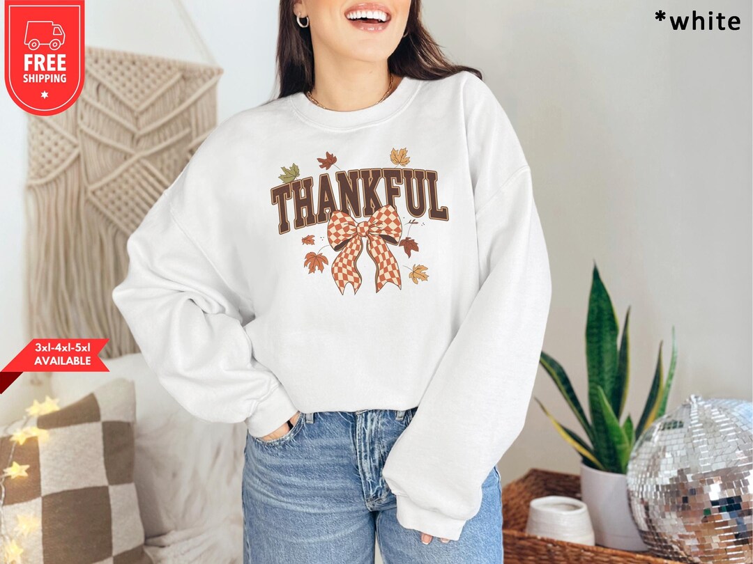 Orange Thankful Ribbed Crew Neck Thanksgiving Sweatshirt