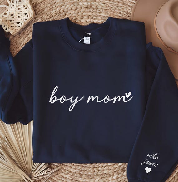 Custom Boy Mom Sweatshirt, Kid Name on Sleeve, New Mom Crewneck, Gift For Mom, Personalized Boy Mommy Sweater, Mother's Day Sweatshirt
