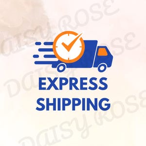 May include: A blue truck with a white checkmark inside a yellow clock, moving quickly with a white speed line. The text "EXPRESS SHIPPING" is below the truck.