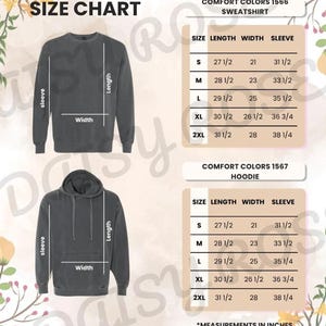 Puede incluir: Tabla de tallas para la sudadera Comfort Colors 1566 y la sudadera con capucha 1567. Se proporcionan medidas en pulgadas para la longitud, el ancho y la manga. La tabla incluye tallas S, M, L, XL y 2XL. La imagen muestra una sudadera gris y una sudadera con capucha gris.