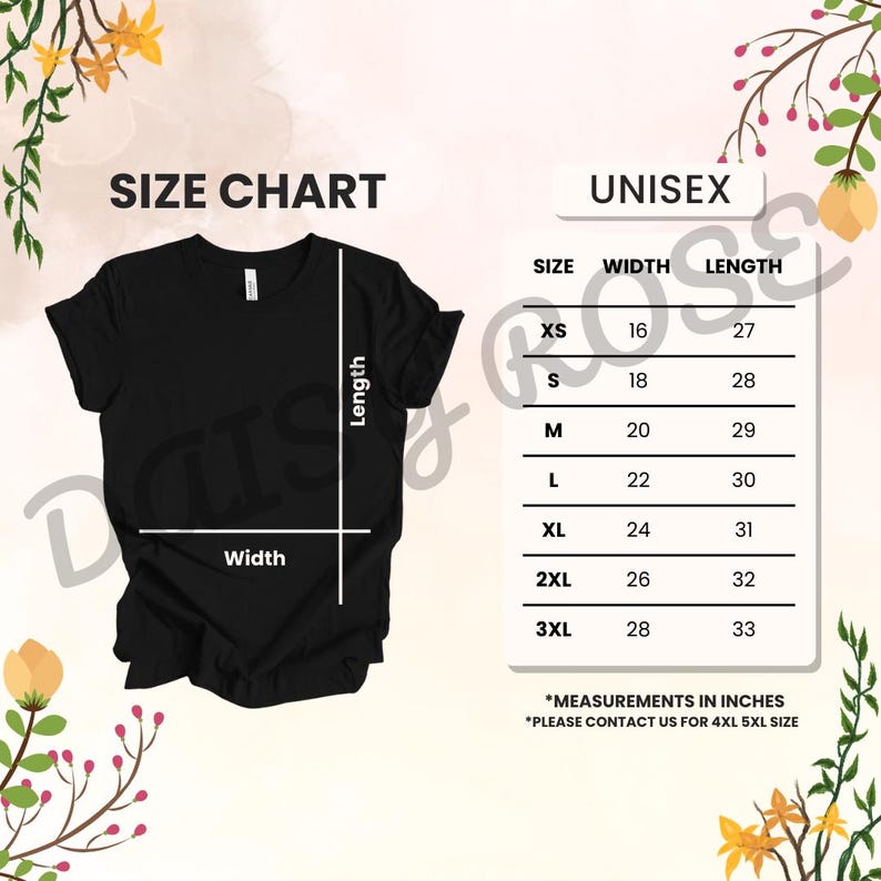 May include: Unisex size chart for a t-shirt with measurements in inches for width and length. Sizes include XS, S, M, L, XL, 2XL, and 3XL.