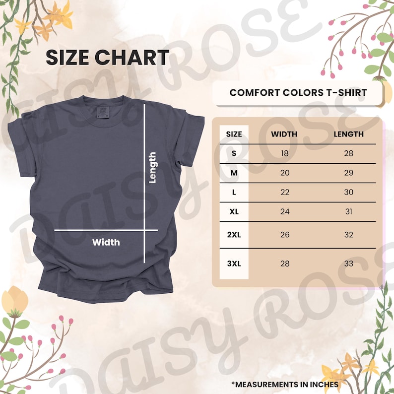 Puede incluir: Una tabla de tallas para una camiseta Comfort Colors, con medidas en pulgadas. La tabla incluye tallas de la S a la 3XL, con las medidas correspondientes de ancho y largo. La camiseta es de color gris liso y la tabla se muestra sobre un fondo blanco.