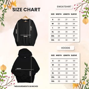 Op de afbeelding: Maattabel voor sweatshirts en hoodies. De tabel toont de afmetingen in inches voor breedte, lengte en mouwlengte voor de maten S, M, L, XL, 2XL en 3XL.