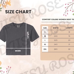 May include: A charcoal gray boxy t-shirt displayed with a size chart. The chart lists sizes S through 2XL with corresponding width and length measurements in inches, ranging from 18.5 to 26.5 inches for width and 18 to 22 inches for length.