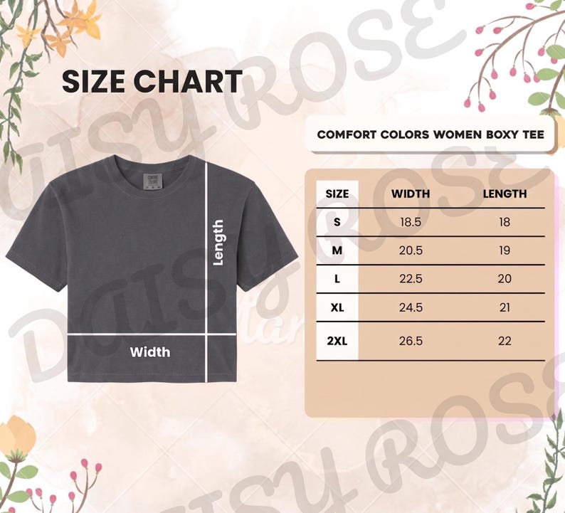 May include: A charcoal gray boxy t-shirt displayed with a size chart. The chart lists sizes S through 2XL with corresponding width and length measurements in inches, ranging from 18.5 to 26.5 inches for width and 18 to 22 inches for length.