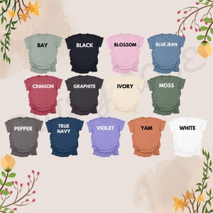 May include: A collection of 15 t-shirts in various colors, including bay, black, blossom, blue jean, crimson, graphite, ivory, moss, pepper, true navy, violet, yam, and white. Each shirt has a different color and a single word printed on the front.