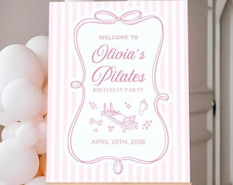 Welkomstbord verjaardagsfeestje pilates, verjaardagsdecor coquette, bewerkbare en afdrukbare canvassjabloon