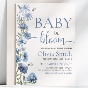 Faire-part de baby shower bébé en fleurs, baby shower floral bleu, baby shower de printemps, invitation de baby shower numérique et imprimable, modèle de toile