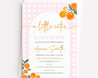 Invitación para baby shower "A Little Cutie", invitación rosa cítrico, plantilla editable de Canva.