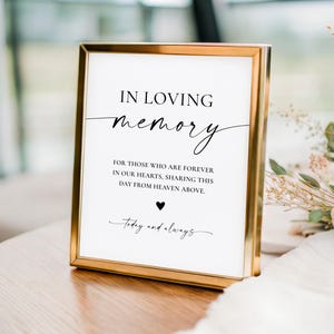 May include: A gold-toned metal picture frame containing a white sign with black text that reads: IN LOVING memory, FOR THOSE WHO ARE FOREVER IN OUR HEARTS, SHARING THIS DAY FROM HEAVEN ABOVE, a small black heart icon, and today and always.
