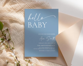 Minimalist Blue Baby Shower Invitation, Hello Baby Invite, Editable Canva Template, Printable Invite