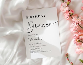 Verjaardagsdineruitnodiging, moderne en minimale verjaardagsuitnodiging, witte verjaardagsuitnodiging voor het diner, bewerkbare en afdrukbare canvassjabloon