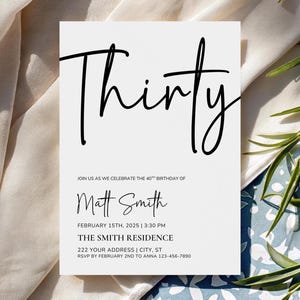 Minimal 30th Birthday Invitation, 30th Birthday Invite for Him or Her, Simple 30th Birthday Invite, Editable and Printable Canva Template