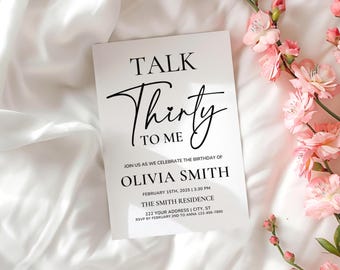 Modello di invito per la festa del 30° compleanno, invito "Talk Thirty to Me", invito moderno per il 30° compleanno, invito "Dirty Thirty", modificabile e stampabile