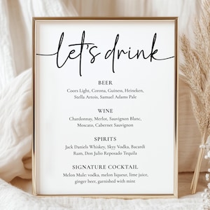 Let&#39;s Drink Bar Menu Sign, Event Modern Bar Menu Sign, Minimalist Wedding Bar Menu Sign, Canva Editable and Printable Template