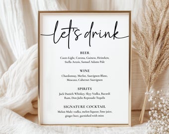 Insegna per il menù del bar "Let's Drink", insegna moderna per il menù del bar per eventi, insegna minimalista per il menù del bar per matrimoni, modello modificabile e stampabile su Canva