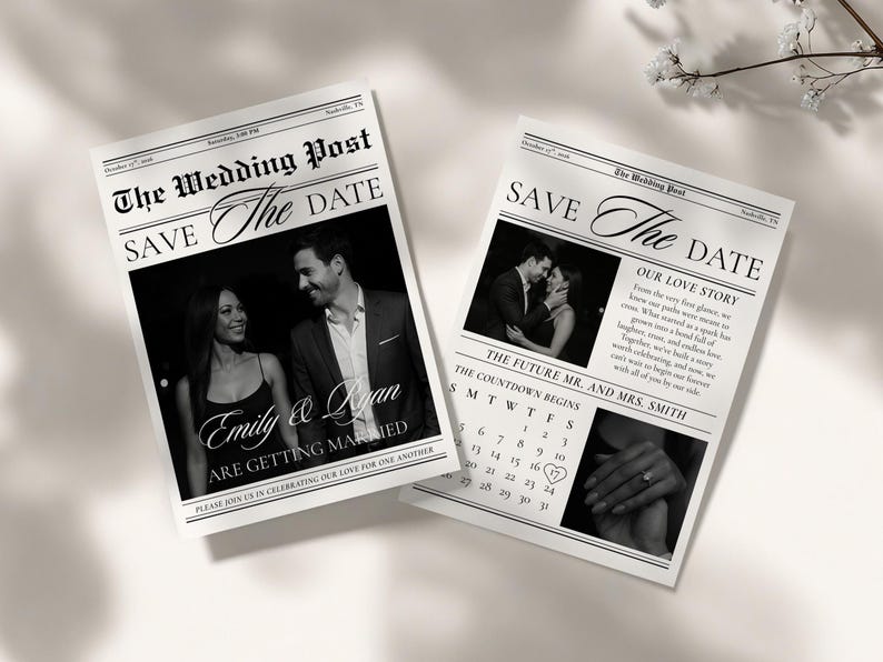 May include: Two black and white newspaper-style wedding announcements. The headline reads "The Wedding Post" and "Save The Date." One announcement features a couple, the other includes a calendar and a photo of a couple kissing.