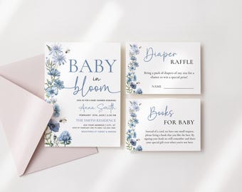 Baby in Bloom Baby Shower Mini Bundle, Blue Floral Baby Shower Invitation, Books For Baby, Diaper Raffle Card, Canva Printable Template
