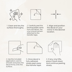 May include: A six-step instructional graphic for applying a vinyl decal. The steps include cleaning the surface, peeling the backing, aligning the decal, using an application card to smooth it, removing the transfer tape, and pressing down any lifted edges.
