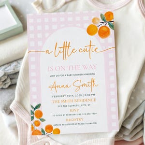 A Little Cutie Baby Shower Invitation, Orange Baby Shower Invitation, Summer Pink Citrus Invite, Spring Invite, Canva Printable Template